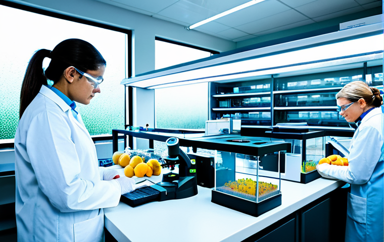 **

"A laboratory scene depicting scientists in a brightly lit, modern lab, fully clothed in appropriate lab attire, studying fruit flies in controlled environment chambers. Nanoparticles are subtly visualized near the fruit flies. Include scientific equipment such as microscopes and monitors displaying genetic data. Focus on the advanced research aspect. safe for work, appropriate content, professional setting, perfect anatomy, natural proportions, high quality."

**