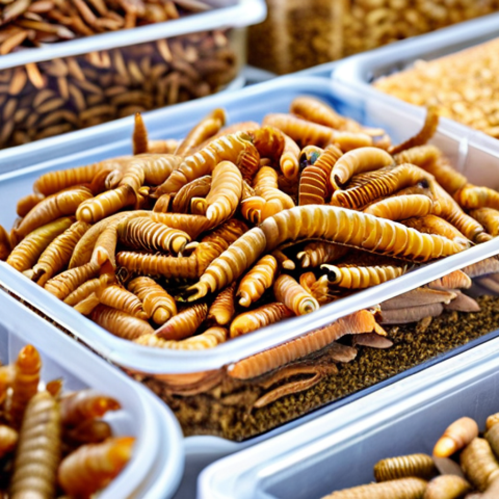 Mealworm Farm Close-up**

"A close-up, professional photo of a thriving mealworm farm. Mealworms of varying sizes are visible within a container filled with a substrate of wheat bran and oats. Focus is on healthy, plump mealworms actively moving and feeding. Lighting is bright and clear, highlighting the texture of the substrate and the mealworms themselves. Safe for work, appropriate content, fully clothed (insects only!), professional, family-friendly, perfect anatomy (insects), natural proportions (insects), well-formed details."

**