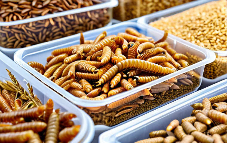Mealworm Farm Close-up**

"A close-up, professional photo of a thriving mealworm farm. Mealworms of varying sizes are visible within a container filled with a substrate of wheat bran and oats. Focus is on healthy, plump mealworms actively moving and feeding. Lighting is bright and clear, highlighting the texture of the substrate and the mealworms themselves. Safe for work, appropriate content, fully clothed (insects only!), professional, family-friendly, perfect anatomy (insects), natural proportions (insects), well-formed details."

**