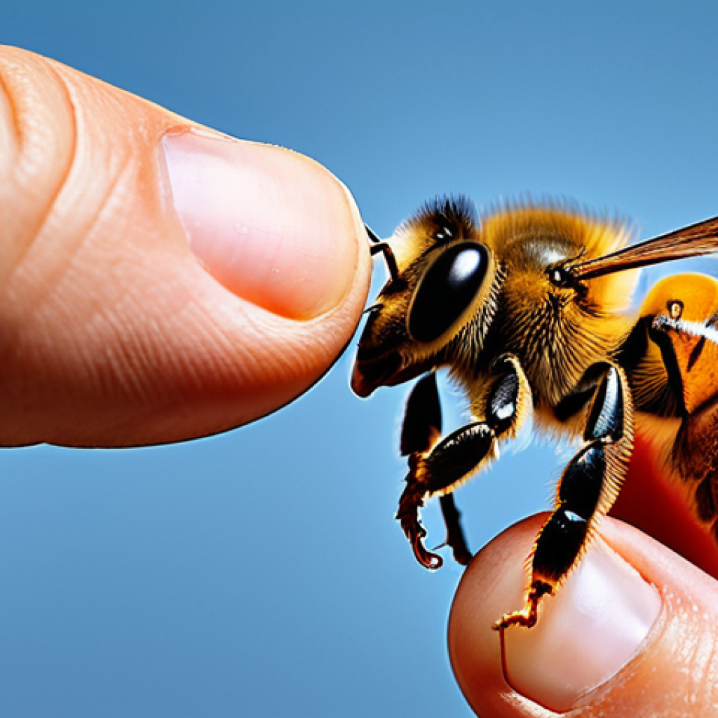 곤충 독 특징 - Close-up of a Honeybee Stinging**
"Macro photograph of a honeybee stinging a human finger, stinger ...
