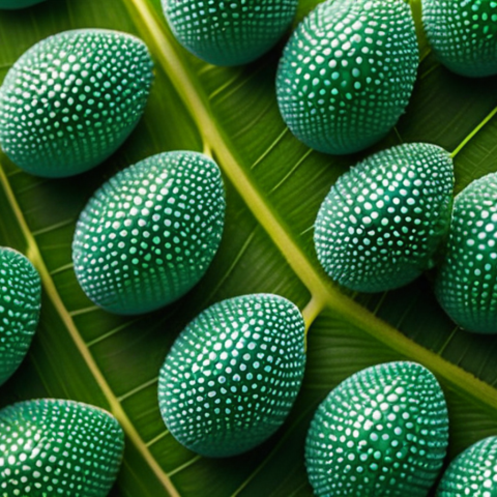 곤충 연령별 성장 특징 - **Macro shot of intricately designed insect eggs on a vibrant leaf.**
    A highly detailed, ultra-m...
