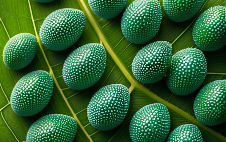 곤충 연령별 성장 특징 - **Macro shot of intricately designed insect eggs on a vibrant leaf.**
    A highly detailed, ultra-m...