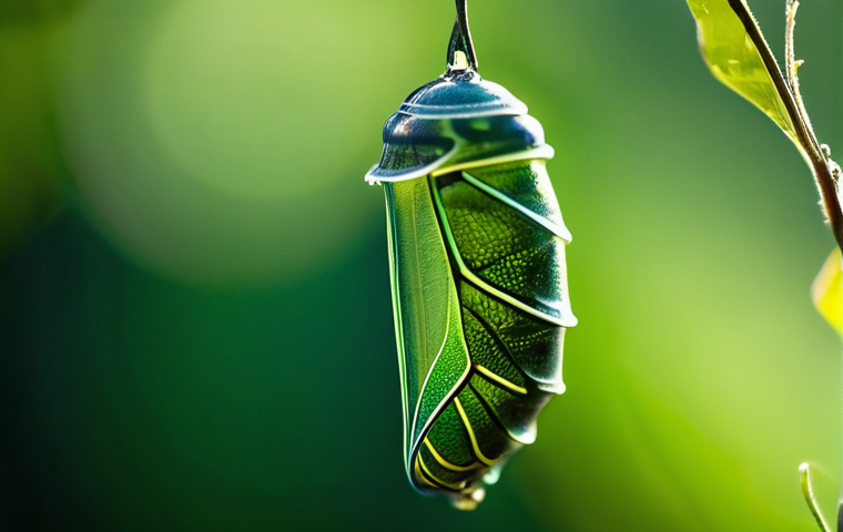 곤충 연령별 성장 특징 - **Macro shot of intricately designed insect eggs on a vibrant leaf.**
    A highly detailed, ultra-m...
