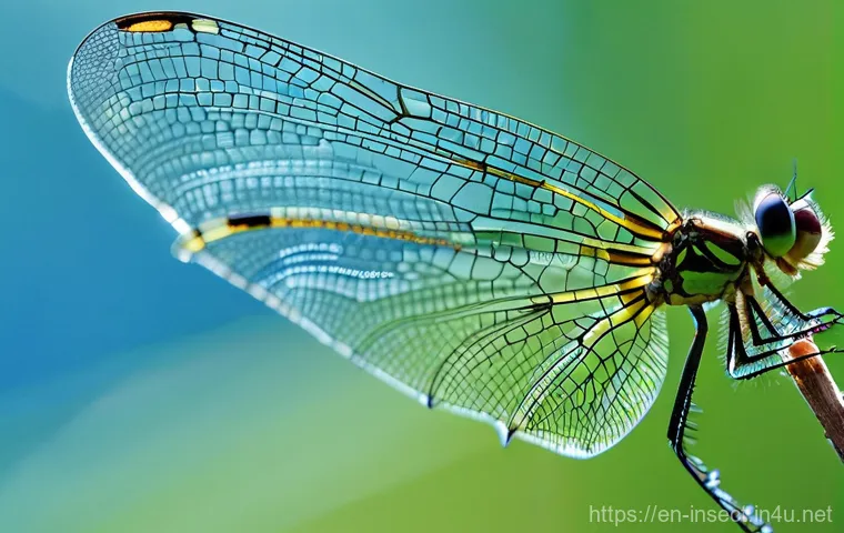 곤충 관련 과학 다큐멘터리 - **Prompt:** A hyperrealistic macro photograph of a dragonfly's wing, showcasing its intricate, lace-...