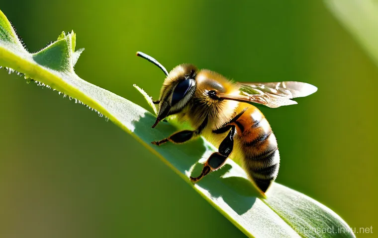 곤충 멸종 원인 분석 - The Disoriented Pollinator's Struggle**

A close-up, high-definition photograph of a single honeybee...