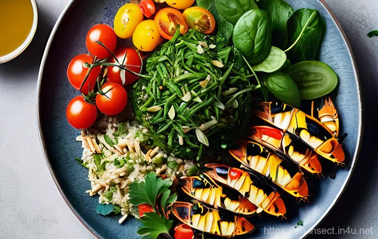 곤충 식용 가능성 연구 - **Prompt 1: The Vibrant Superfood Plate**
    "A brightly lit, top-down shot of a beautifully arrang...