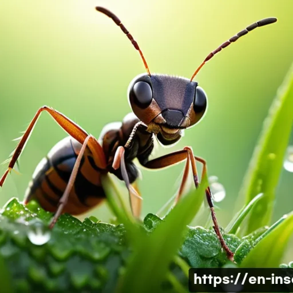 곤충 애니메이션 콘텐츠 - A vibrant close-up scene of a brave ant leader standing tall on a dew-covered blade of grass, wearin...