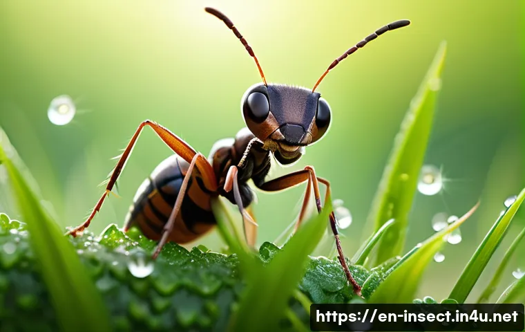 곤충 애니메이션 콘텐츠 - A vibrant close-up scene of a brave ant leader standing tall on a dew-covered blade of grass, wearin...