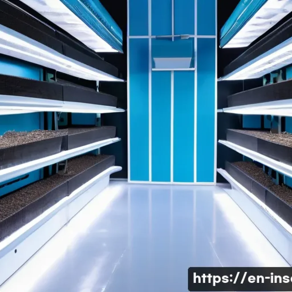 곤충 산업 전망 분석 - A state-of-the-art automated insect farm interior showcasing rows of climate-controlled vertical far...