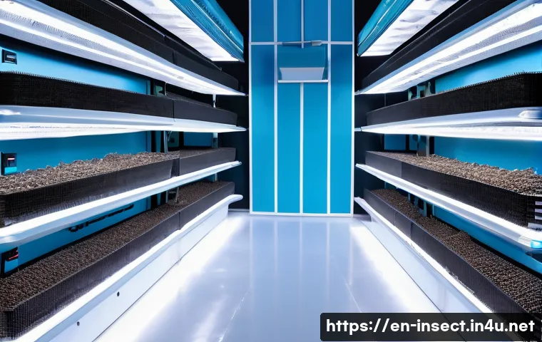 곤충 산업 전망 분석 - A state-of-the-art automated insect farm interior showcasing rows of climate-controlled vertical far...