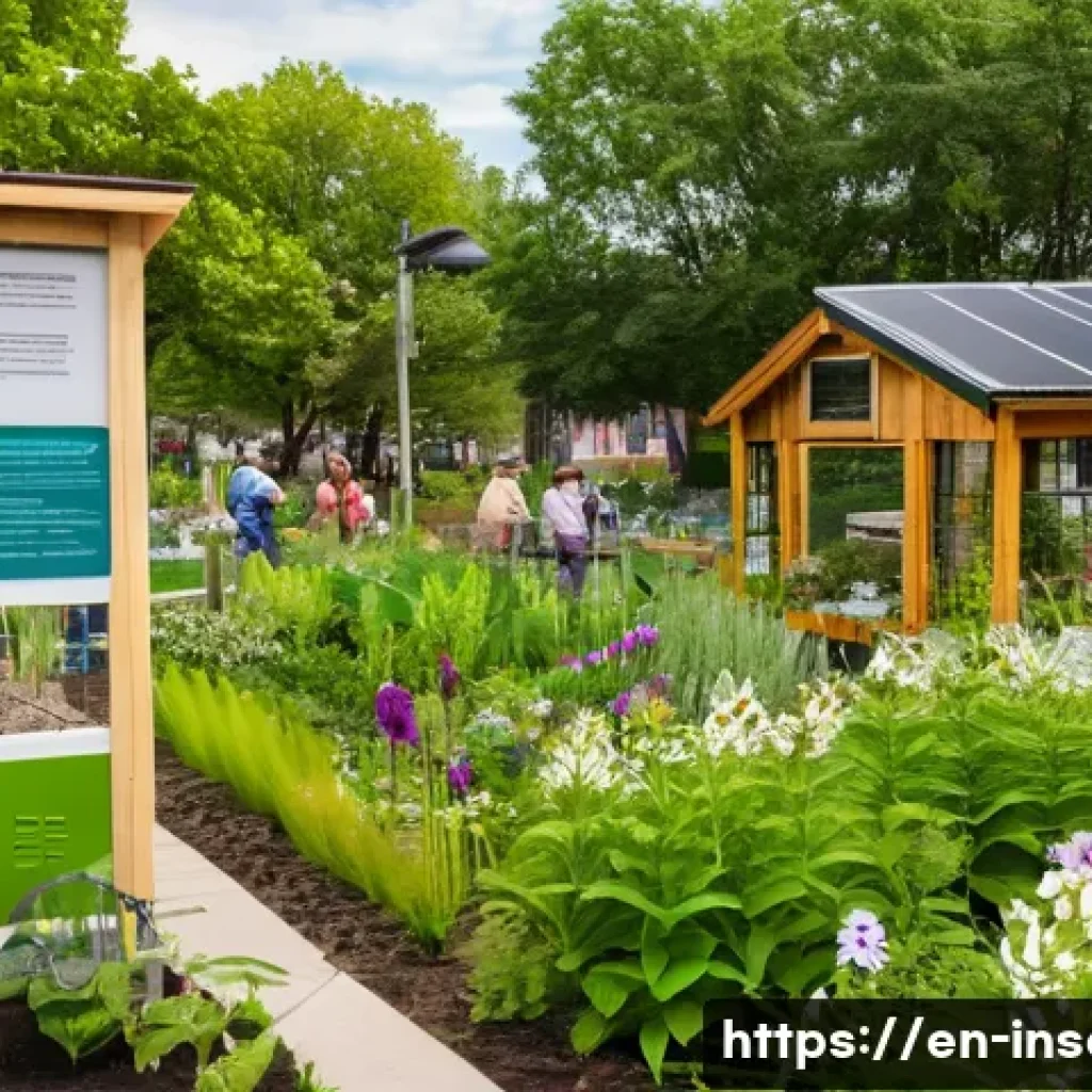 곤충 관련 법률 및 정책 - A vibrant urban community garden scene in a mid-sized American city featuring diverse native floweri...
