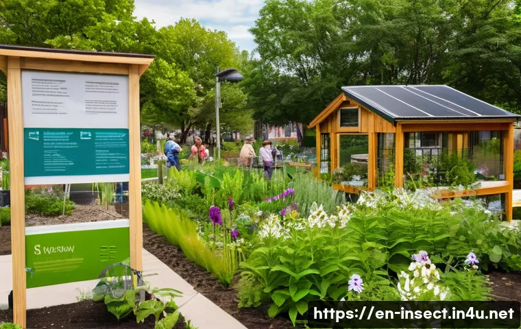 곤충 관련 법률 및 정책 - A vibrant urban community garden scene in a mid-sized American city featuring diverse native floweri...