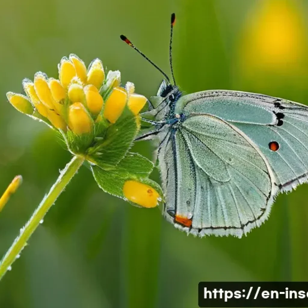 곤충 서식지 및 기후 변화 연구 - A detailed natural scene depicting a vibrant spring meadow at dawn, showcasing a variety of butterfl...