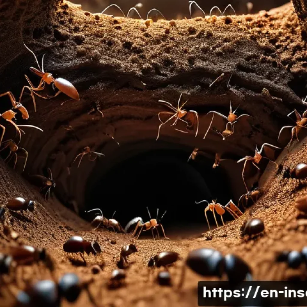곤충 생태 다큐멘터리 - A highly detailed close-up scene of a bustling ant colony underground, showcasing intricate tunnel s...