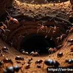 Home 22 곤충 생태 다큐멘터리 - A highly detailed close-up scene of a bustling ant colony underground, showcasing intricate tunnel s...