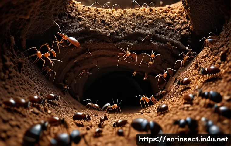 곤충 생태 다큐멘터리 - A highly detailed close-up scene of a bustling ant colony underground, showcasing intricate tunnel s...