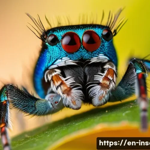 Home 33 곤충의 시각적 커뮤니케이션 - A vibrant close-up of a male peacock spider performing its elaborate courtship dance on a sunlit lea...