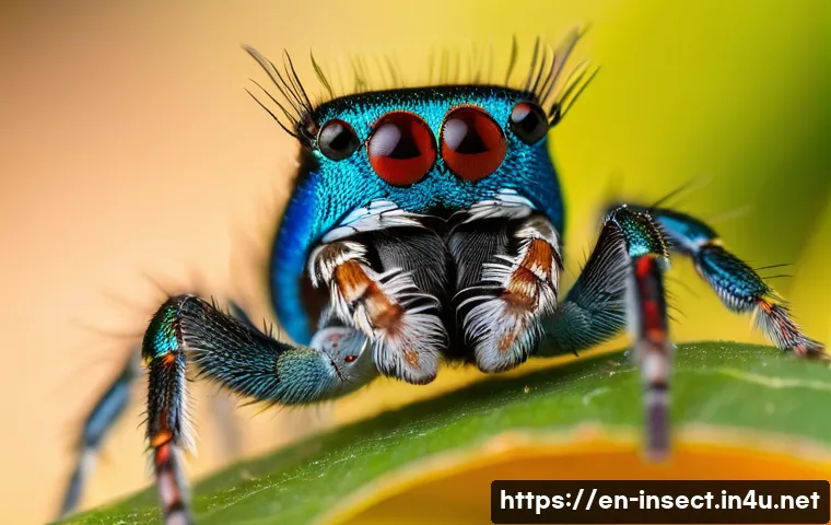 곤충의 시각적 커뮤니케이션 - A vibrant close-up of a male peacock spider performing its elaborate courtship dance on a sunlit lea...