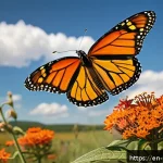 Home 20 곤충의 계절적 이동 - A vivid, detailed scene of a monarch butterfly mid-migration, soaring above a sunlit meadow filled w...