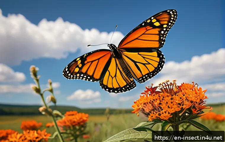 곤충의 계절적 이동 - A vivid, detailed scene of a monarch butterfly mid-migration, soaring above a sunlit meadow filled w...