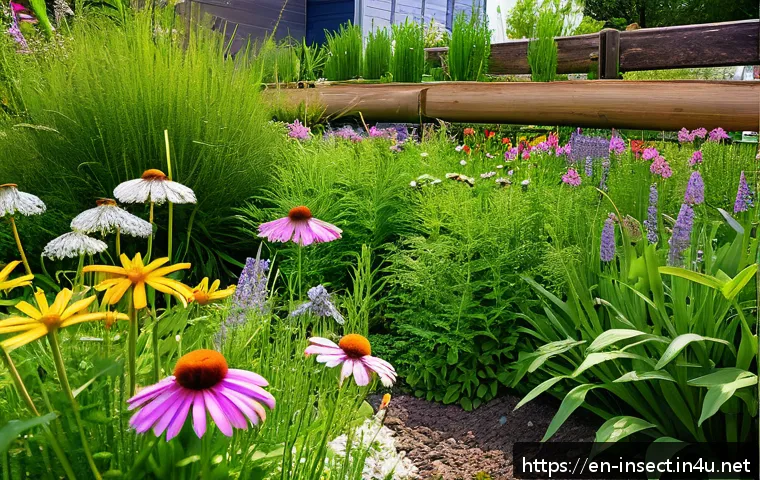 곤충 생태계 보존 방안 - A vibrant urban garden scene in spring, showcasing a variety of native flowers such as coneflowers, ...