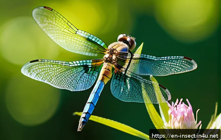 곤충 관련 기네스 기록 - A highly detailed close-up of a dragonfly in mid-flight over a sunlit garden, wings shimmering with ...