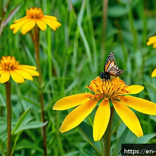 Home 17 곤충 멸종 위기 종 - A vibrant garden scene during a sunny spring day, featuring a variety of native flowering plants wit...