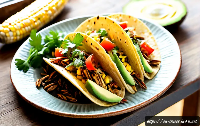 곤충을 활용한 요리 레시피 - Photorealistic overhead food photography of golden cricket tacos on a rustic ceramic plate, seasoned...
