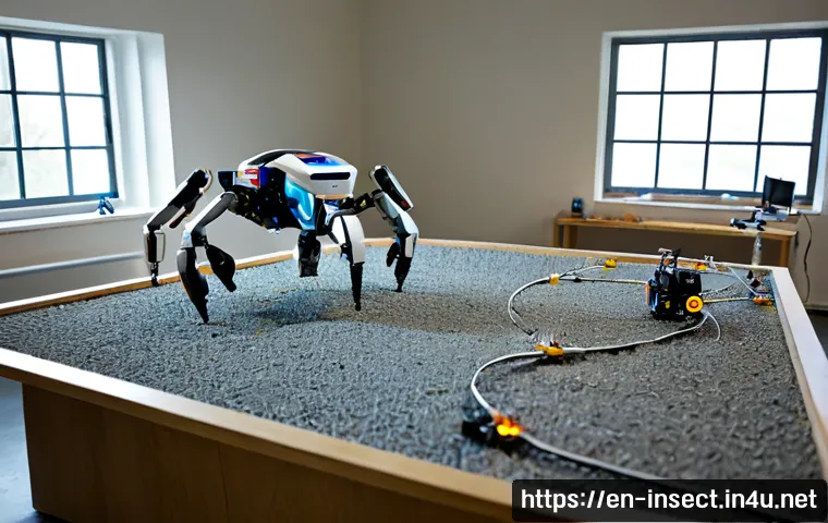곤충 로봇 연구 사례 - Photorealistic university robotics laboratory, a small insect-inspired six-legged robot navigating a...