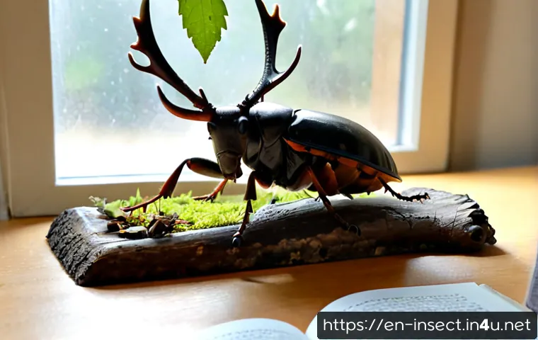 Home 17 곤충 사육 가이드북 추천 - Photorealistic close-up of a tidy home insect-rearing workstation, a clear terrarium with a large st...