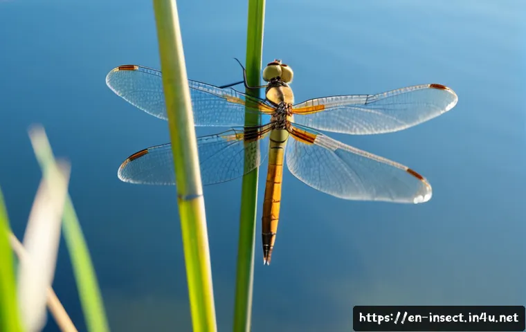 Home 30 곤충의 날개 종류 - Photorealistic macro nature study of a dragonfly resting on a reed beside a calm freshwater pond, fo...