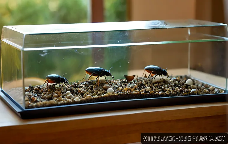 Home 17 곤충 번식 실패 원인 - Photorealistic macro scene of a home insect breeding enclosure showing a clear failure cause: dry cr...