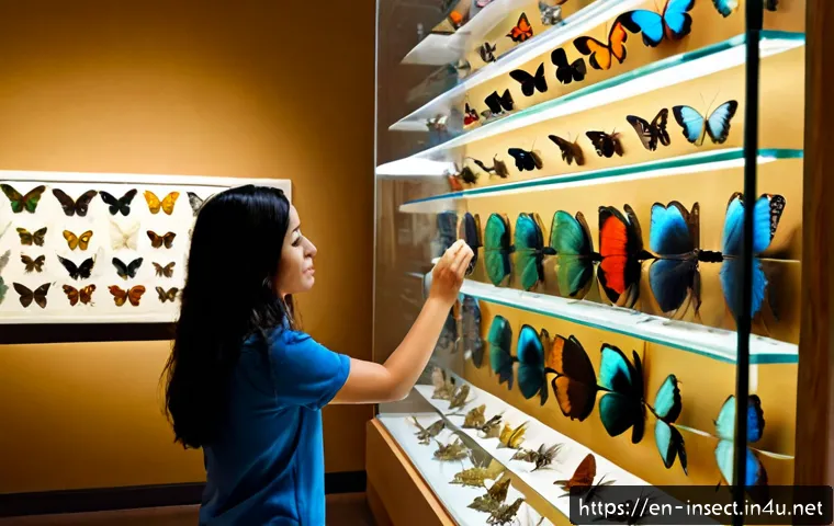 곤충 전시회 정보 - Photorealistic natural history museum insect exhibition, a clear glass display case featuring vibran...