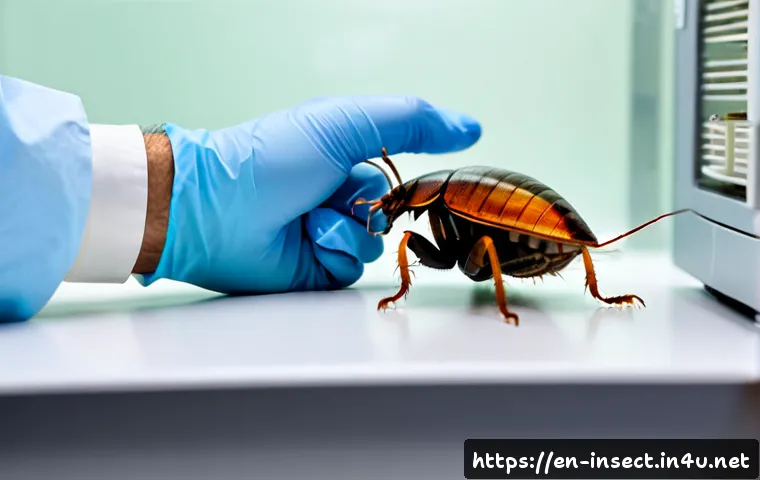 곤충을 활용한 생체 에너지 기술 - Photorealistic close-up of a researcher’s gloved hands placing a small bioelectrochemical sensor bes...